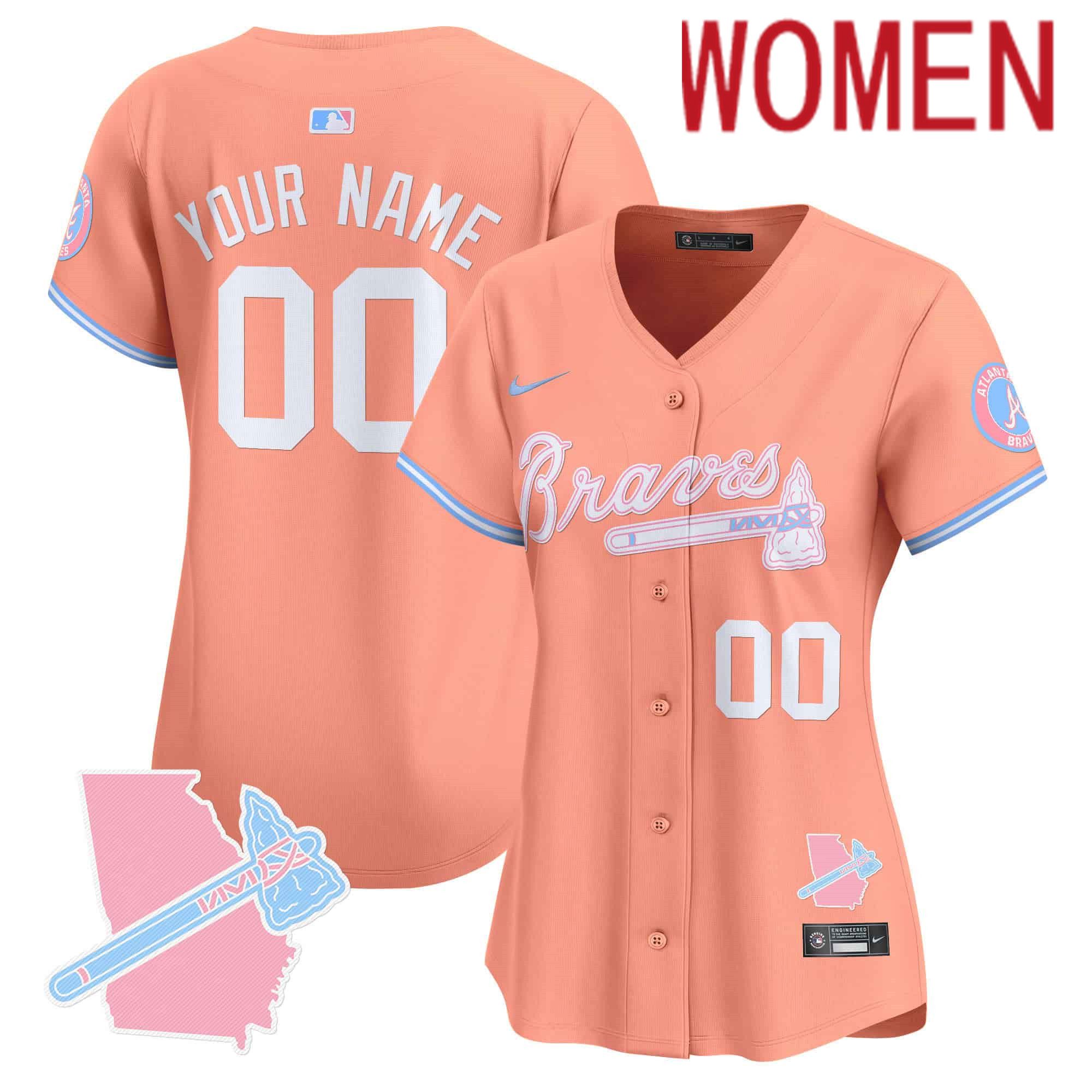 Women Atlanta Braves Orange 2024 Nike Bubblegum Pink Vapor Premier Limited Custom MLB Jersey->customized mlb jersey->Custom Jersey
